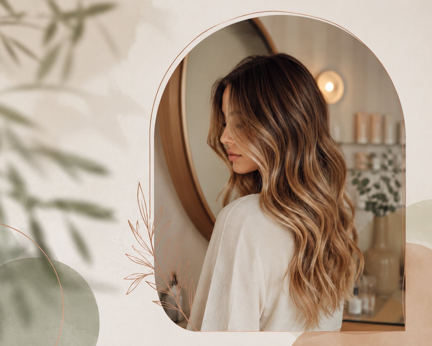 Stylist's balayage work — long, dimensional waves in a warm, plant-filled salon